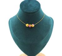 Collana 3 Perle Giada Gialla Viola 8 Mm. Catena In Acciaio Dorato Collana Donne
