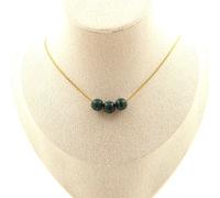 Collana 3 Perle Malachite Del Congo Qualità 7A 8 Mm. Catena IN Acciaio Fe
