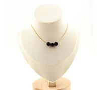 Collana 3 Perle Onice Nero Opaco 8 Mm. Catena IN Acciaio Dorato Inossidabile Fe