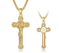 Collana a croce con crocifisso, placcata in oro 14 carati, con ciondolo a forma di Cristoforo, preghiera, Santo, medaglia, cristiano, religioso, battesimo, prima comunione, anniversario, compleanno
