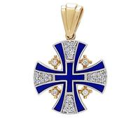 Collana a croce in oro 14 carati con croce di Gerusalemme smaltata blu, grande, oro giallo, diamante,