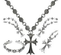 Collana a croce in stile retrò, con ciondolo a forma di croce in argento, da uomo, a forma di croce in ferro, per fede e stile, catena a croce da 50 cm e quattro anelli per uomo e donna