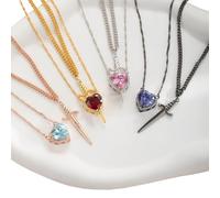 Collana a forma di spada a forma di cuore per coppie, in argento Sterling, con ciondolo a forma di spada e cuore, con pietra portafortuna e zirconi, regalo per lei e per lui