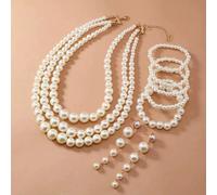 Collana A Perle Imitazione Con Orecchini Lunga Bracciale In Moda A Tre Strati
