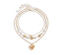 Collana a strati con perle d'imitazione irregolare Collana a strati con cuore e perle color oro Set accessorio di tendenza adatto per vacanze, feste, festival e vita quotidiana