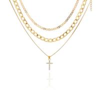 Collana a strati in oro - Collane a strati per donne, collana a croce da donna, collane dorate da donna, collana a strati, collana a tre strati con ciondolo a forma di cuore con diamante pieno per