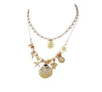Collana a tre strati con tartaruga di conchiglie di perle da donna, fili misti con conchiglie naturali, stile vintage da spiaggia per abiti da resort