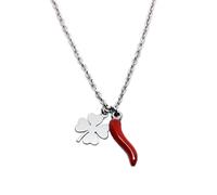 Collana Acciaio Cornetto corno Portafortuna Peperoncino Rosso quadrifoglio Donna
