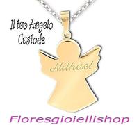 Collana Angelo Custode in argento dorato giallo, ciondolo angioletto con il nome