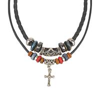 Collana Boho a Doppio Strato con Ciondolo a Croce - Cordino in Pelle Intrecciata e Corda Cerata, Perline Colorate, Lunghezza Regolabile 35,5 cm