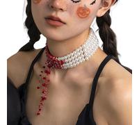 Collana Choker Con Perle Effetto Sangue Che Cola - Collana Frangia con Gocce Gotiche - Gioiello da Collo Sanguinante Finto per Eventi a Tema Feste e Carnevale
