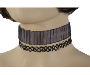 Collana Choker In Tessuto Grigio Blu Da Donna Con Filo Nero Set Di 2 Pezzi