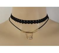 Collana Choker Mini Charm D'Oro A 2 Fili In Tessuto Nero Con Strass Argento
