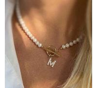 Collana classica da donna con ciondolo a iniziale, dalla A alla Z, con chiusura a scatto, con perla sintetica da 6mm L,M,S,H,A,T,O,X,B,C,D,E,F,G,I,J,K,N,P,Q,R,U,V,W,Y,ZAcciaio inossidabile