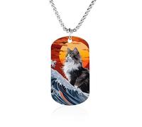 Collana commemorativa con gatto giapponese e onde dell'oceano, in acciaio al titanio, rettangolare, con ciondolo a catena, idea regalo