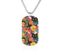 Collana commemorativa con gatto nero che si nasconde in fiori primaverili alla moda con ciondolo in acciaio al titanio stampato gioielli novità immagine collana piastrine per cani per uomini donne