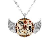 Collana con ali d'angelo con fiori tribali di cavallo, in lega di zinco, regalo per uomini e donne, Misura unica, lega di alluminio, Nessuna pietra preziosa
