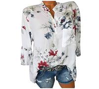 Collana con anelli casual con bottoni floreali, elegante top da donna, con stampa sul fondo, taglie forti, camicetta da donna, bianco, M