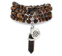 Collana con bracciale e 108 perle di preghiera Mala naturali con ciondolo di loto e ciondolo prisma esagonale di quarzo Reiki (Occhio di tigre marrone (Brown Tiger Eye))