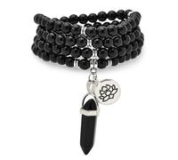 Collana con bracciale e 108 perle di preghiera Mala naturali con ciondolo di loto e ciondolo prisma esagonale di quarzo Reiki (Agata nera (Black Agate))