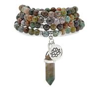 Collana con bracciale e 108 perle di preghiera Mala naturali con ciondolo di loto e ciondolo prisma esagonale di quarzo Reiki (Agata indiana (Indian Agate))