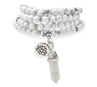 Collana con bracciale e 108 perle di preghiera Mala naturali con ciondolo di loto e ciondolo prisma esagonale di quarzo Reiki (Howlite)