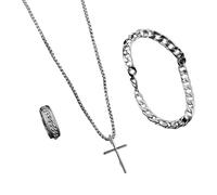 Collana con bracciale in argento da uomo con 3 pezzi set di anelli in acciaio inox, catena a maglie cubana, gioielli religiosi, set regalo per uomo, abbigliamento quotidiano, accessori per feste