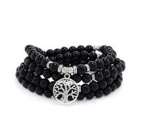 Collana con braccialetto da meditazione 108 perline Mala da 8 mm con ciondolo albero della vita (Agata Nera (Black Agate))