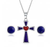 Collana Con Ciondolo A Croce Con Cuore Rosso E Lapislazzuli Blu Creati In Stile Sud-Occidentale E Set Di Orecchini A Cupola Rotonda Incastonati A Castone Per Donne In Argento Sterling .925