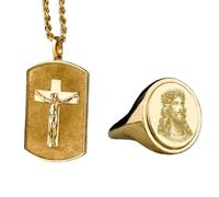 Collana con ciondolo a croce e Gesù e anello con sigillo |LK_PCOM_0558 | Ciondolo in argento sterling 925, dimensioni 22x32 mm, placcato oro, con significato cristiano, collana gioiello