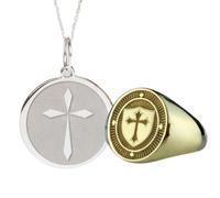 Collana con ciondolo a croce templare e anello con sigillo|LK_PCOM_0281 | Ciondolo in argento sterling 925, misura 24 mm, placcato argento e oro, ciondolo cristiano significativo, set di gioielli