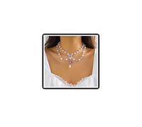 Collana con ciondolo a cuore con perla Collana con fiocco a croce in cristallo Catena vintage Boho a strati con nappe di fiori di perle finte per donne e ragazze (Argento A)