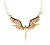 Collana con ciondolo a forma di ala d'angelo in oro con cristalli bianchi e neri, collana con ciondolo a forma di piuma a strati, da donna