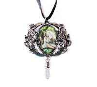 Collana con ciondolo a forma di cammeo ovale in stile cabochon con doppio unicorno e luna mezzaluna, con contagocce di cristallo fatto a mano in stile pugnale, con nastro - opera d'arte di Anne Stokes