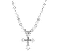 Collana con ciondolo a forma di croce con perle e ciondolo a croce, gioiello, Misura unica, Acciaio inossidabile, Zirconia cubica