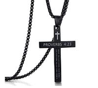 Collana con ciondolo a forma di croce in acciaio inossidabile con dedica | PROVERBS 4:23 - Collana con ciondolo a forma di versi della Bibbia, 61 cm, disponibile in tre colori: nero, oro, argento