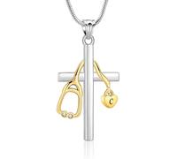 Collana con ciondolo a forma di croce medica in acciaio inox, con stetoscopio e ciondolo a forma di cuore personalizzabile per infermieri, medici, eroi sanitari, Acciaio inossidabile, Nessuna pietra