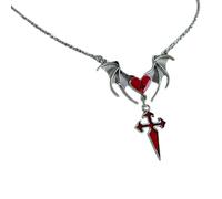 Collana con ciondolo a forma di cuore e ali di pipistrello, si abbina facilmente a abiti casual street rock per un look elegante e alla moda in lega