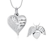 Collana con ciondolo a forma di cuore e urna per ceneri, con ali d'angelo, gioielli per l'inumazione per donne e uomini, ricordo, ceneri, gioielli con scritta "Always in my Mind Forever in my Heart