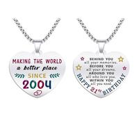 Collana con ciondolo a forma di cuore in acciaio inox inciso, regalo per il 21° compleanno da donna, con scritta "Born In 2003", misura media, senza pietre preziose