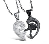 Collana con ciondolo a forma di cuore per lui e per lei, in acciaio inox, con chiave di puzzle abbinata, Metallo, Zirconie sintetico