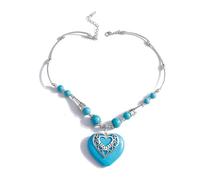 Collana con ciondolo a forma di cuore turchese, stile bohémien, vintage, etnico, occidentale, grande, blu, pietra portafortuna a forma di cuore, regolabile, gioiello ipollergenico da donna