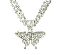 Collana con ciondolo a forma di farfalla 3D, unisex, stile hip hop, con catena cubana Miami da 13 mm, gioiello alla moda, accessorio punk, argento