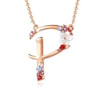 Collana con ciondolo a forma di fiore con iniziale, con perle finte rosa, rosse e blu, gioiello realizzato con cristalli austriaci, placcato in oro rosa, regalo di compleanno per donne, 45,7 cm + 5,1