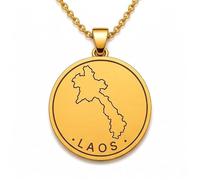 Collana con ciondolo a forma di mappa del Laos in argento sterling 925 per uomo e donna, placcata oro, rotonda da 30 mm, con contorno del paese inciso, con catena a maglia da 45 cm |LKN_MAP_00967