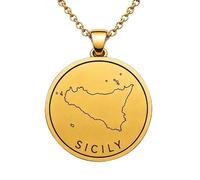 Collana con ciondolo a forma di mappa della Sicilia in argento sterling 925 per uomo e donna, placcata oro, rotonda da 30 mm, con contorno del paese inciso, con catena a maglia da 45 cm |LKN_MAP_01035