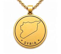 Collana con ciondolo a forma di mappa della Siria in argento sterling 925 per uomo e donna, placcata oro, rotonda da 30 mm, con contorno del paese inciso, con catena a maglia da 45 cm |LKN_MAP_01050