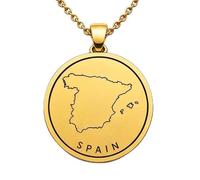 Collana con ciondolo a forma di mappa della Spagna in argento sterling 925 per uomo e donna, placcata oro, rotonda da 30 mm, con contorno del paese inciso, con catena a maglia da 45 cm |LKN_MAP_01044