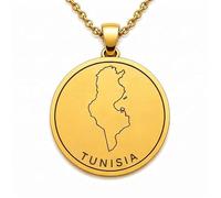 Collana con ciondolo a forma di mappa della Tunisia in argento sterling 925 per uomo e donna, placcata oro, rotonda da 30 mm, con contorno del paese inciso, con catena a maglia da 45 cm |LKN_MAP_01059