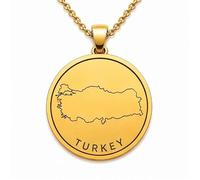 Collana con ciondolo a forma di mappa della Turchia in argento sterling 925 per uomo e donna, placcata oro, rotonda da 30 mm, con contorno del paese inciso, con catena a maglia da 45 cm |LKN_MAP_01060